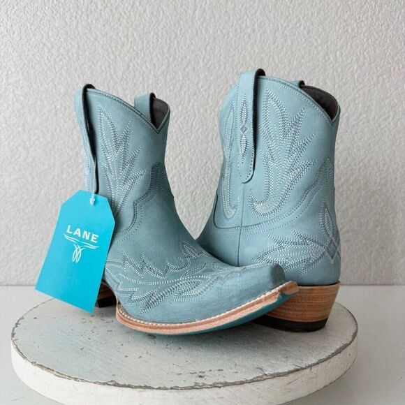 Lane LEXINGTON Womens Cowboy Bootie 8.5 Western Blue Leather Cowgirl Short Boots - Picture 1 of 10